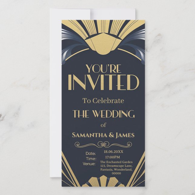 Elegant Art Deco Wedding Design - Navy & Gold  (Front)