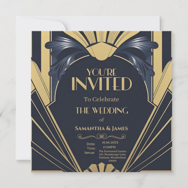 Elegant Art Deco Wedding Design - Navy & Gold  Invitation (Front)