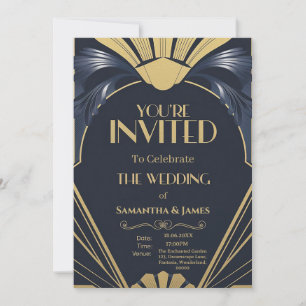 Elegant Art Deco Wedding Design - Navy & Gold Invitation