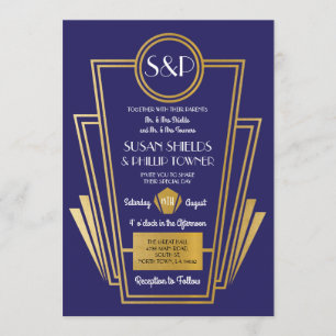 Elegant Art Deco Wedding Invitations Navy Gold