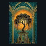 Elegant Art Deco Weeping Willow Gold & Teal Poster<br><div class="desc">Infuse your home with the tranquil beauty of this Art Deco weeping willow illustration. Featuring a graceful, winding black silhouette of a willow tree with cascading leaves, set against a radiant orange sunburst. The tree stands proudly on an ornate, tiered geometric pedestal, framed by grand teal archways and classical pillars....</div>