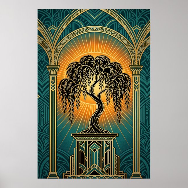 Elegant Art Deco Weeping Willow Gold & Teal Poster (Front)