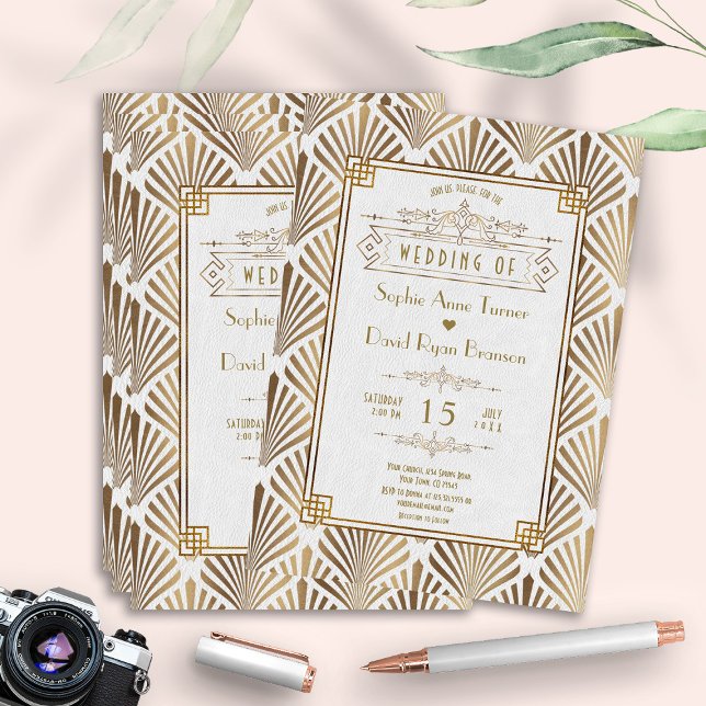 Elegant Art Deco White Gold Gatsby 20s Wedding Invitation (Creator Uploaded)