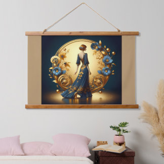 Elegant Art Deco Woman in Gold and Blue Hanging Tapestry