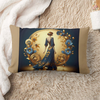 Elegant Art Deco Woman in Gold and Blue Lumbar Cushion