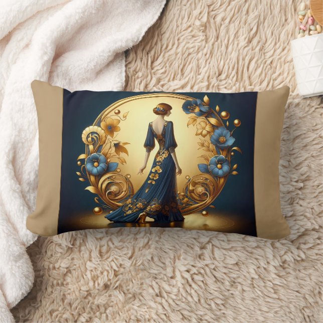 Elegant Art Deco Woman in Gold and Blue Lumbar Cushion (Blanket)