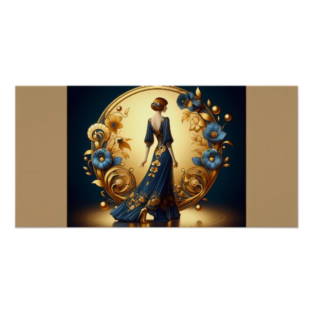 Elegant Art Deco Woman in Gold and Blue Poster (Front)