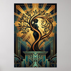 Elegant Art Deco Woman Tree Silhouette Black Gold  Poster