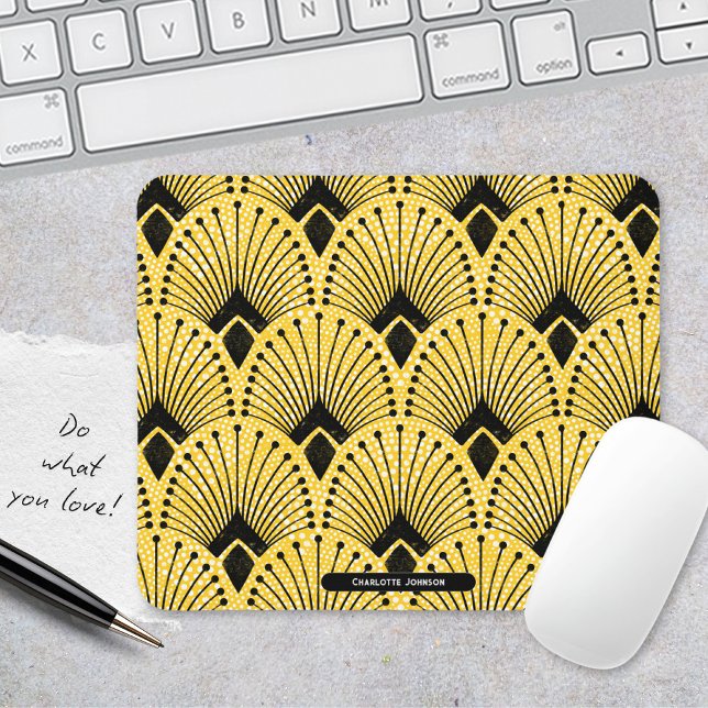 Elegant  Art Deco Yellow Timeless Peacock Pattern Mouse Mat (Stylish Art Deco Yellow Peacock Pattern Mouse Pad ©Susanne Sachers - Sunny Mind 🌞)