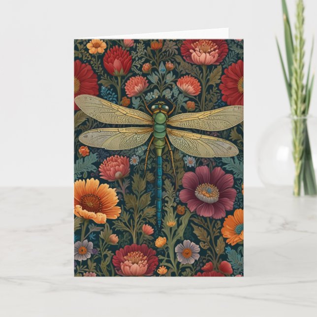 Elegant art nouveau Autumn floral Dragonfly Card (Front)