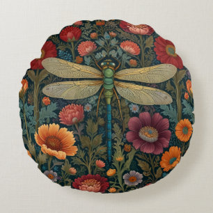 Elegant art nouveau Autumn floral Dragonfly Round Cushion