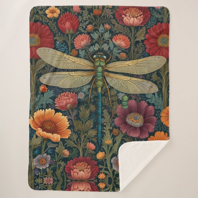 Elegant art nouveau Autumn floral Dragonfly Sherpa Blanket (Front)