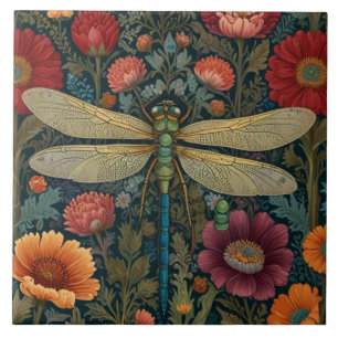 Elegant art nouveau Autumn floral Dragonfly Tile