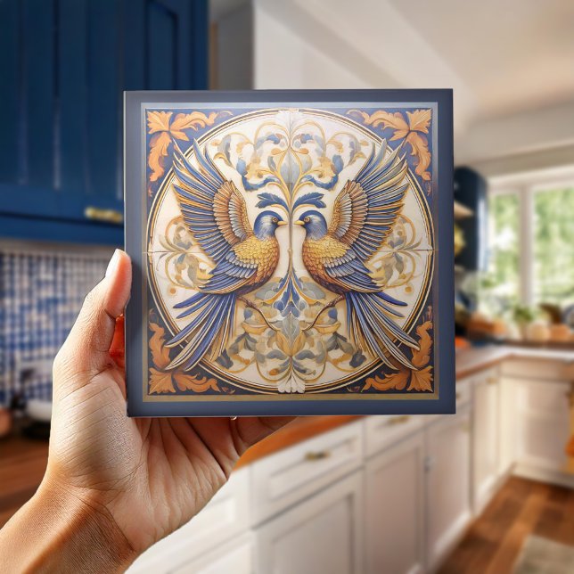 Elegant Art Nouveau Birds Pat#21 Blue Gold ID1078 Tile (Creator Uploaded)