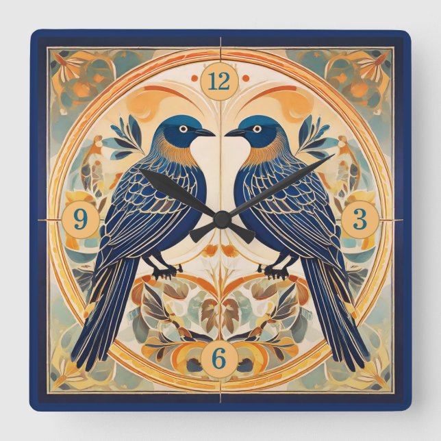 Elegant Art Nouveau Birds Pat#22 Blue Peach ID1078 Square Wall Clock (Front)