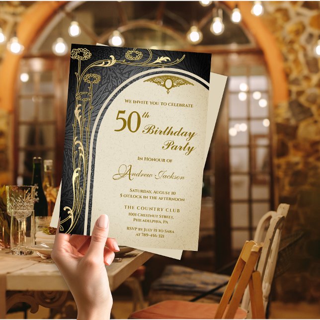 Elegant Art Nouveau Black & Gold Floral Birthday Invitation (Elegant Art Nouveau Black & Gold Floral Birthday Invitation)