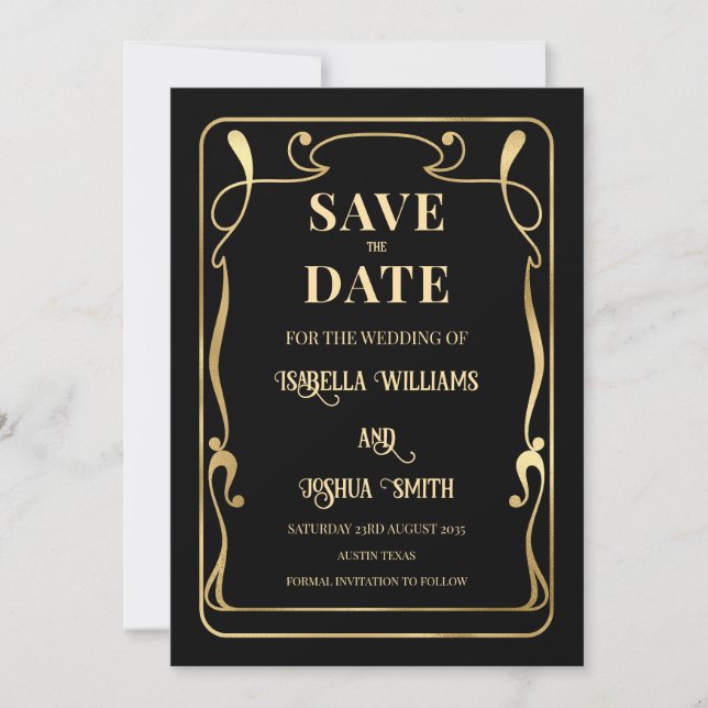 Elegant Art Nouveau Black & Gold Save The Date  Invitation (Front)