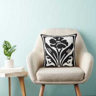 Elegant Art Nouveau Black White Flower Cushion