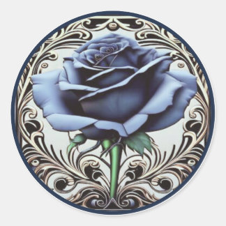 Elegant Art Nouveau Blue Rose Design Classic Round Sticker