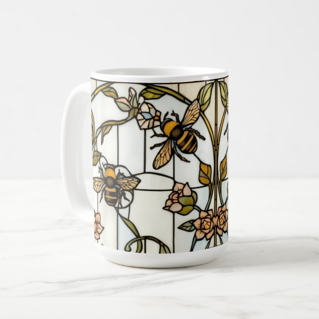 Elegant art nouveau botanical  bee stain glass coffee mug (Front Left)