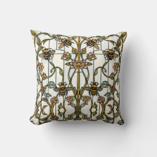 Elegant art nouveau botanical  bee stain glass cushion