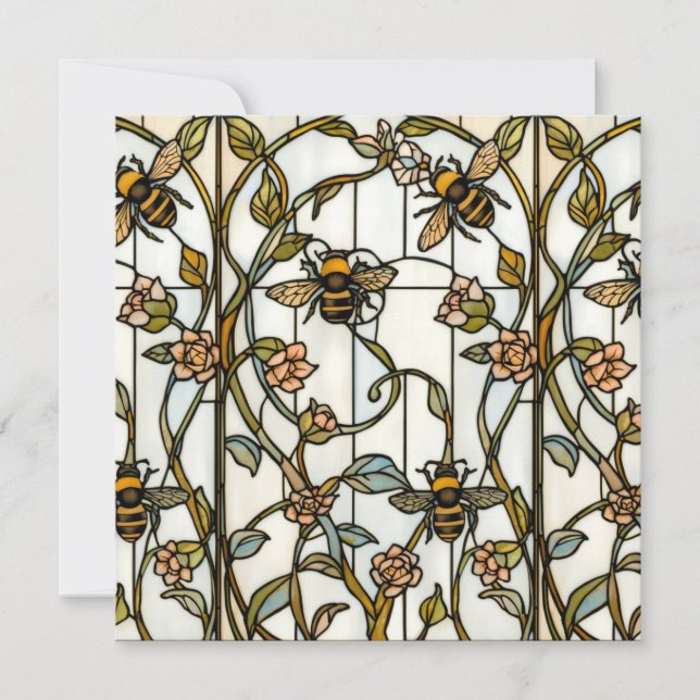 Elegant art nouveau botanical  bee stain glass invitation (Front)