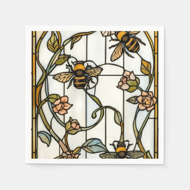 Elegant art nouveau botanical  bee stain glass napkin (Front)