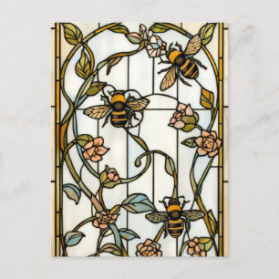 Elegant art nouveau botanical  bee stain glass postcard