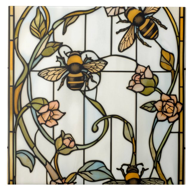 Elegant art nouveau botanical  bee stain glass tile (Front)