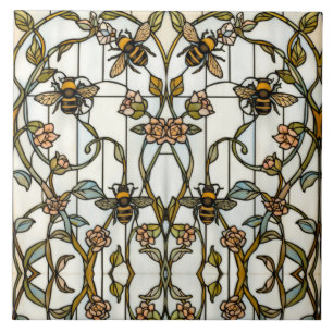Elegant art nouveau botanical  bee stain glass tile
