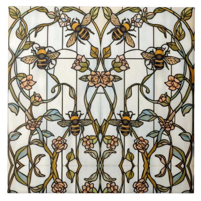 Elegant art nouveau botanical  bee stain glass tile (Front)