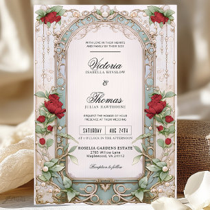 Elegant Art Nouveau Burgundy Floral Wedding Invitation