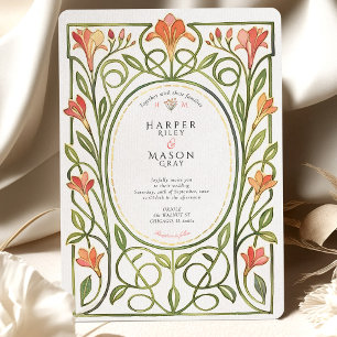 Elegant Art Nouveau Coral Lily Wedding Invite