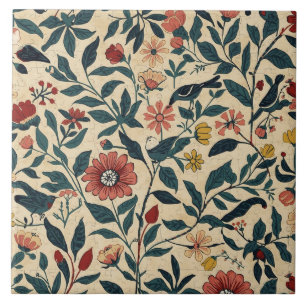 Elegant Art Nouveau Floral Bird Vintage Botanical Tile
