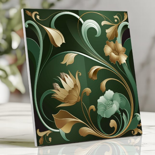 Elegant Art Nouveau Floral Emerald and Gold Tile (Creator Uploaded)