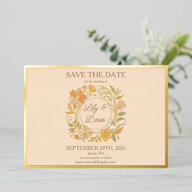 Elegant Art Nouveau Floral Foil Save the Date Card (Standing Front)