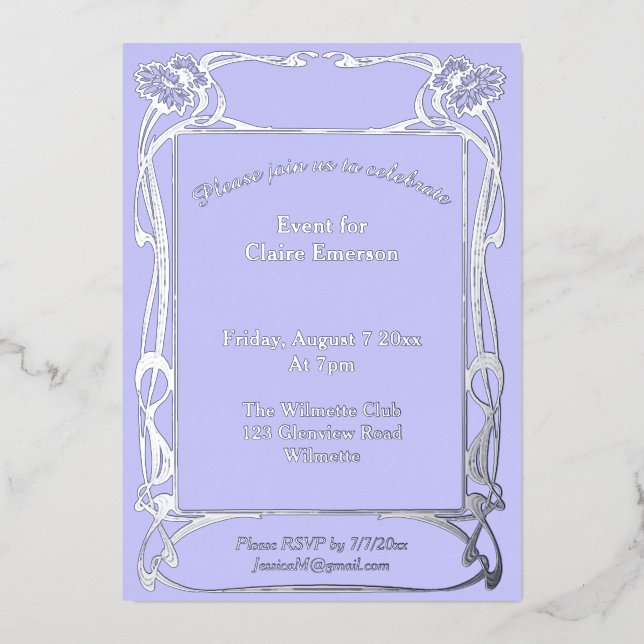 Elegant Art nouveau floral frame Foil Invitation (Front)