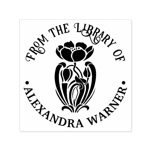 Elegant Art Nouveau Flower Round Library Book Name Self-inking Stamp (Design)