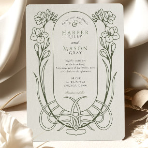 Elegant Art Nouveau Freesia Line Art Wedding Invitation