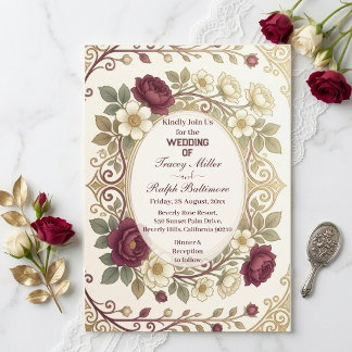 Elegant Art Nouveau Gold Burgundy Florals Wedding Invitation