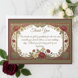 Elegant Art Nouveau Gold Burgundy Florals Wedding  Thank You Card