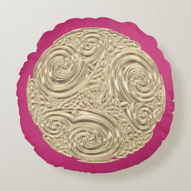 Elegant art nouveau gold fuschia pink medallion round cushion (Front)