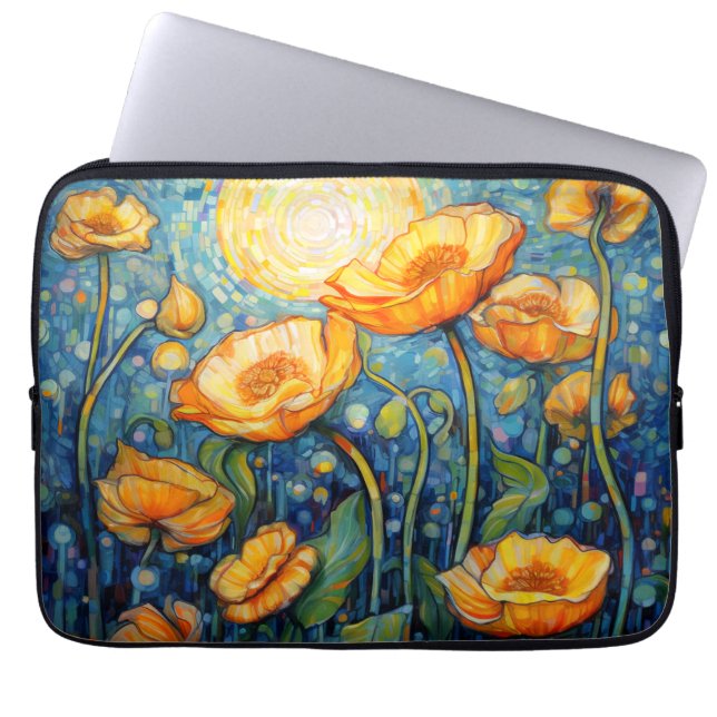 Elegant Art Nouveau Golden Yellow Poppy Mosaic  Laptop Sleeve (Front)