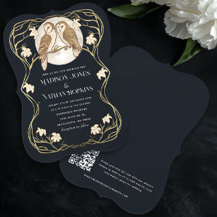  Elegant Art Nouveau Owls QR Code Wedding Invitation