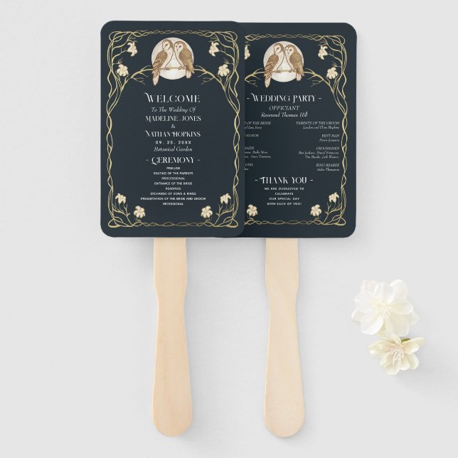 Elegant Art Nouveau Owls Wedding  Program Hand Fan (Front and Back)
