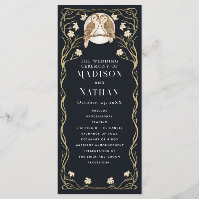 Elegant Art Nouveau Owls Wedding Programme (Front)