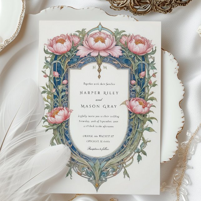 Elegant Art Nouveau Peonies Wedding Invitation (Creator Uploaded)