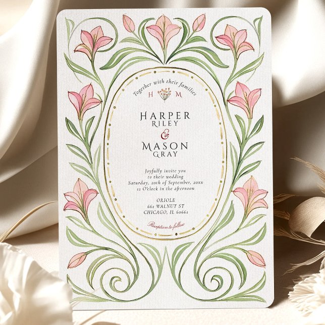 Elegant Art Nouveau Pink Lily Wedding Invitation (Creator Uploaded)