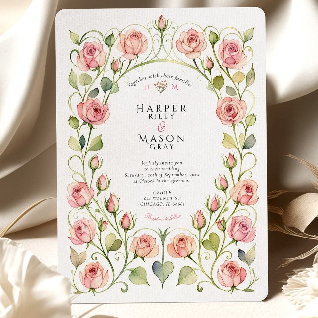 Elegant Art Nouveau Pink Rose Wedding Invitation (Creator Uploaded)