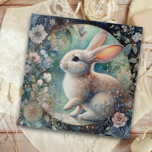 Elegant Art Nouveau Rabbit In Floral Frame Easter Jigsaw Puzzle (Creator Uploaded)